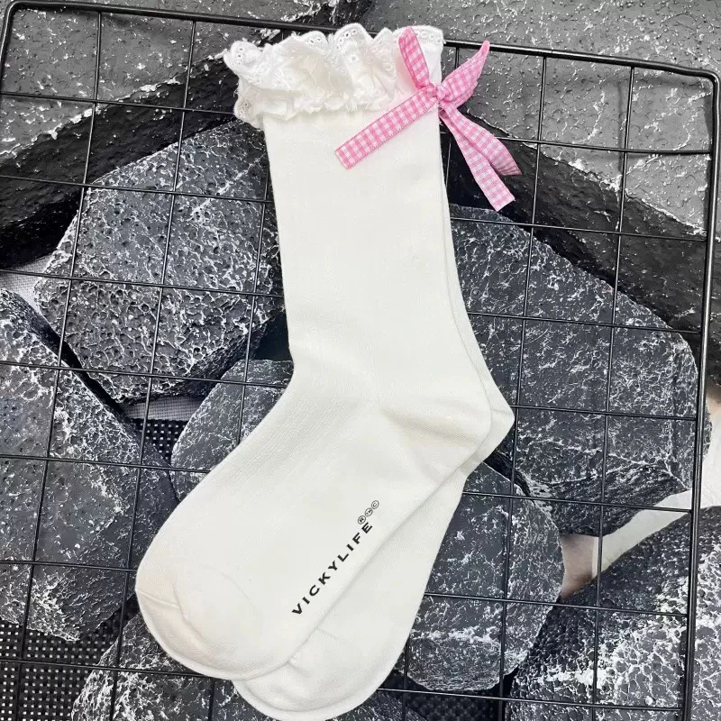 少女风蕾丝边蝴蝶结中筒袜可爱甜美百搭时尚堆堆袜