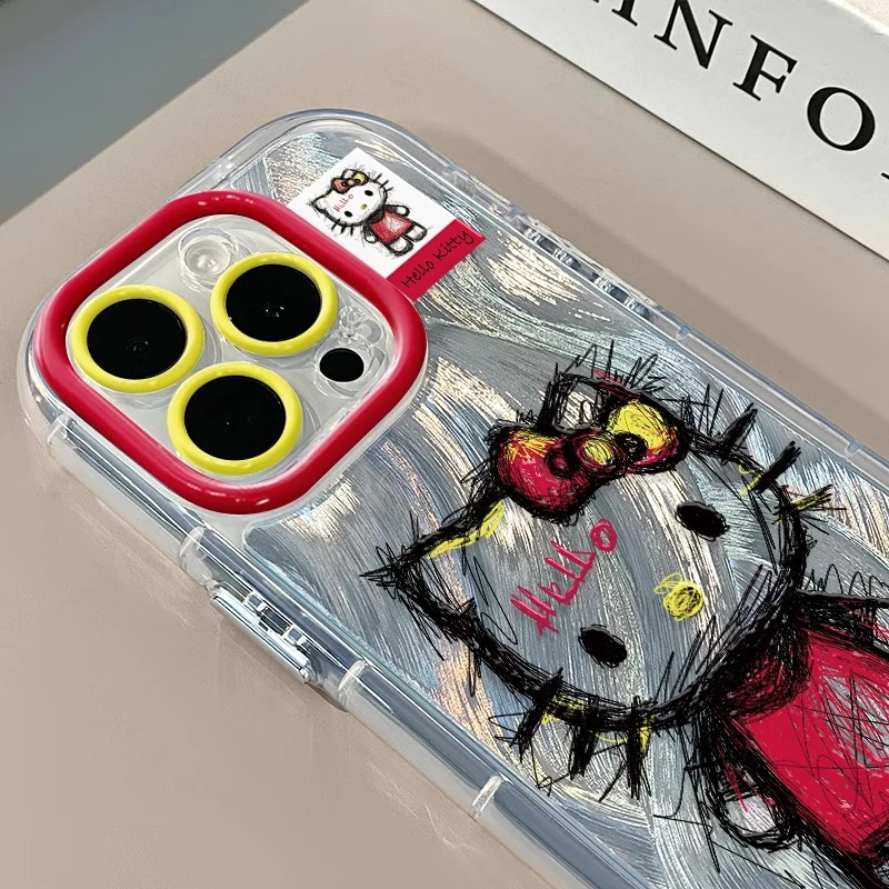 涂鸦线条kitty适用苹果16奶油羽纱纹卡通手机壳iphone15可爱防摔