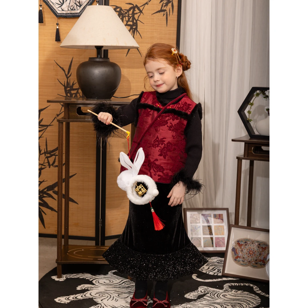 58336冬季新款红色年服超洋气女孩带包包植绒刺绣无袖马甲背心