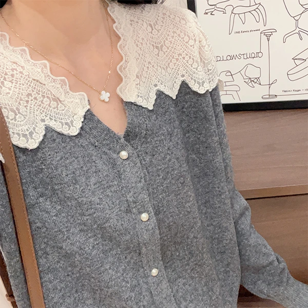【全羊毛花边剪刀领灰】早秋新款针织衫宽松休闲时尚百搭