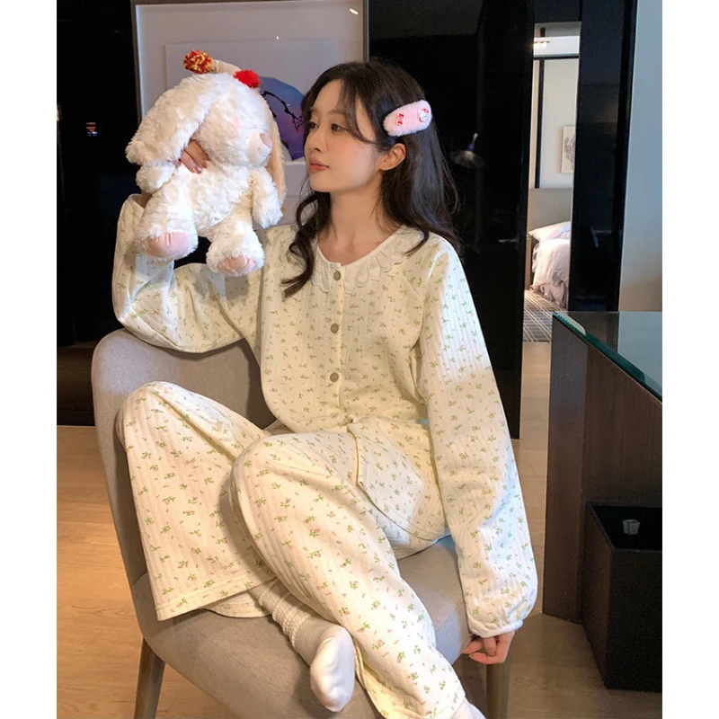 韩版秋冬睡衣女甜美碎花空气棉加厚保暖女款学生少女家居服套装