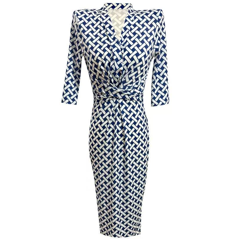 喜喜家【倾城美人】水晶麻纱夏季新款性感V领绑带收腰修身裙33884