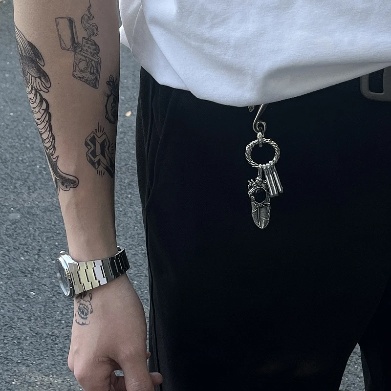 原创水墨黑麻花圈三环扣复古感钥匙扣挂件做旧金属高级感腰间挂饰