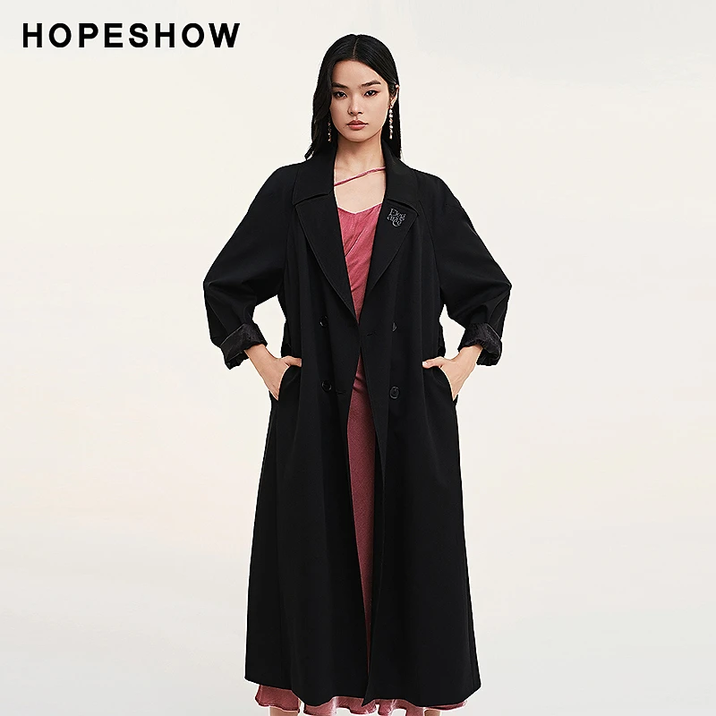红袖2024秋款100绵羊毛黑色系带双排扣翻驳领长款风衣89324330702