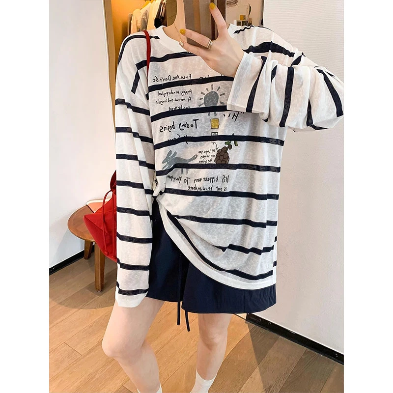 好听鸭黑白条纹卡通字母印花长袖T恤女2025夏秋新款宽松休闲上衣