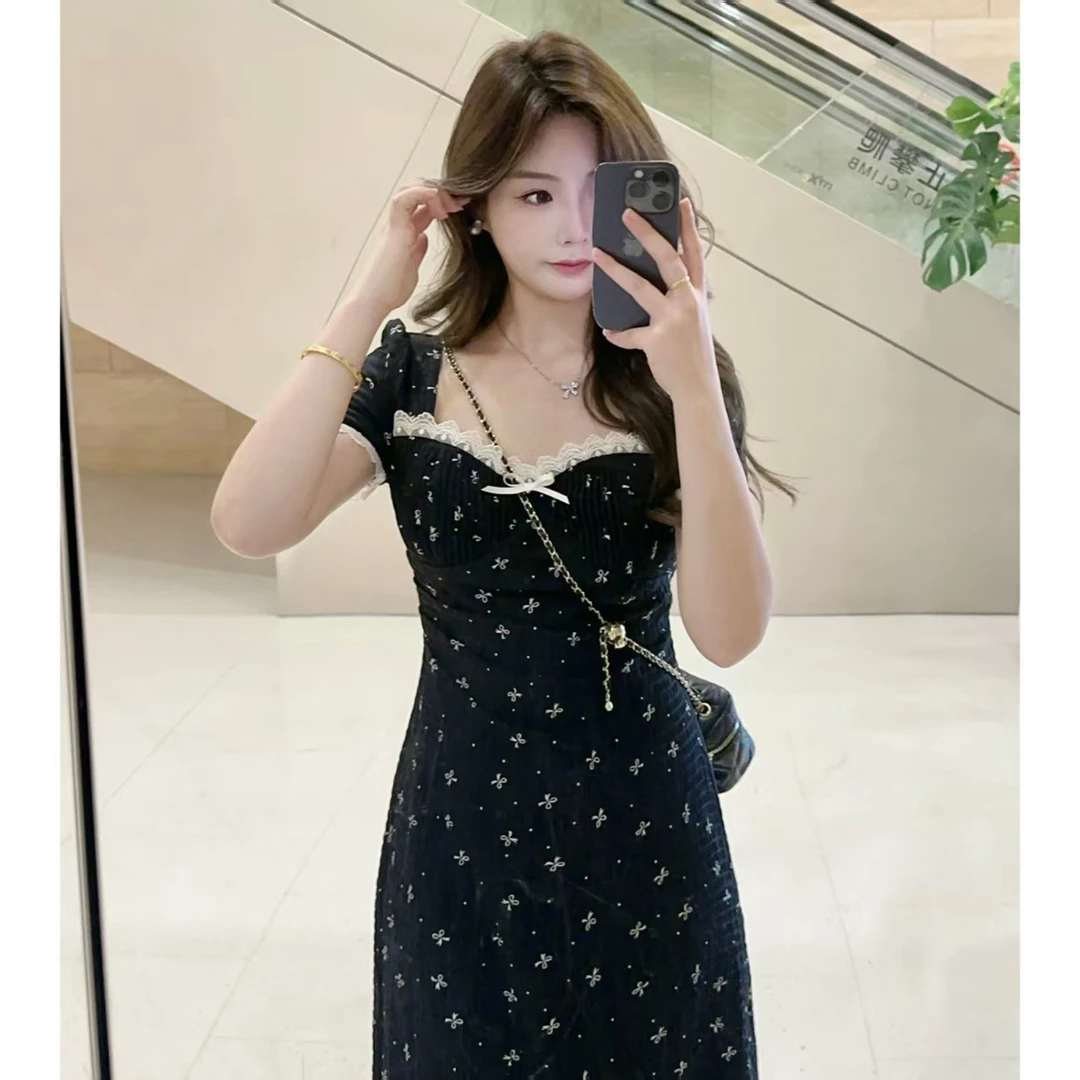 MuMu微胖定制夏季气质时尚法式精致感小众黑色碎花连衣裙WP9696