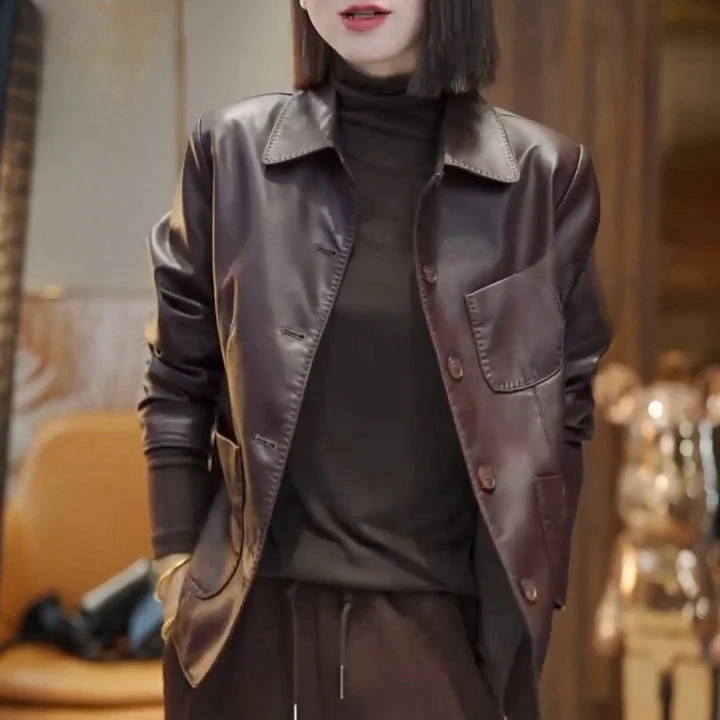 港式美拉德复古穿搭宽松上衣2025年秋季新款咖色翻领皮衣机车外套