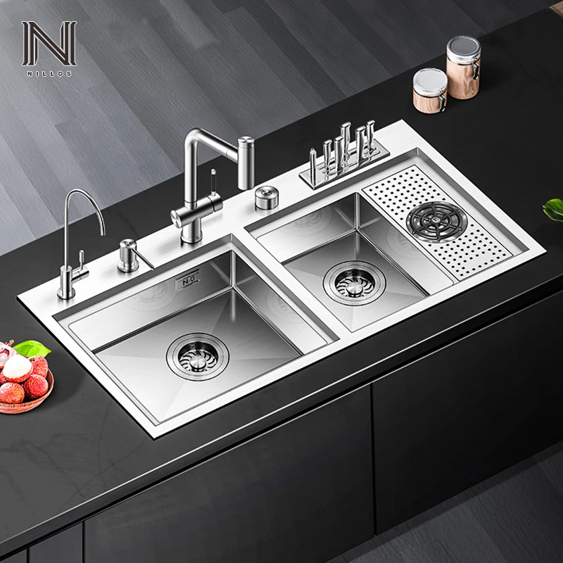 尼洛施304不锈钢厨房手工水槽带刀架洗杯器带盖板隐藏式洗菜双盆