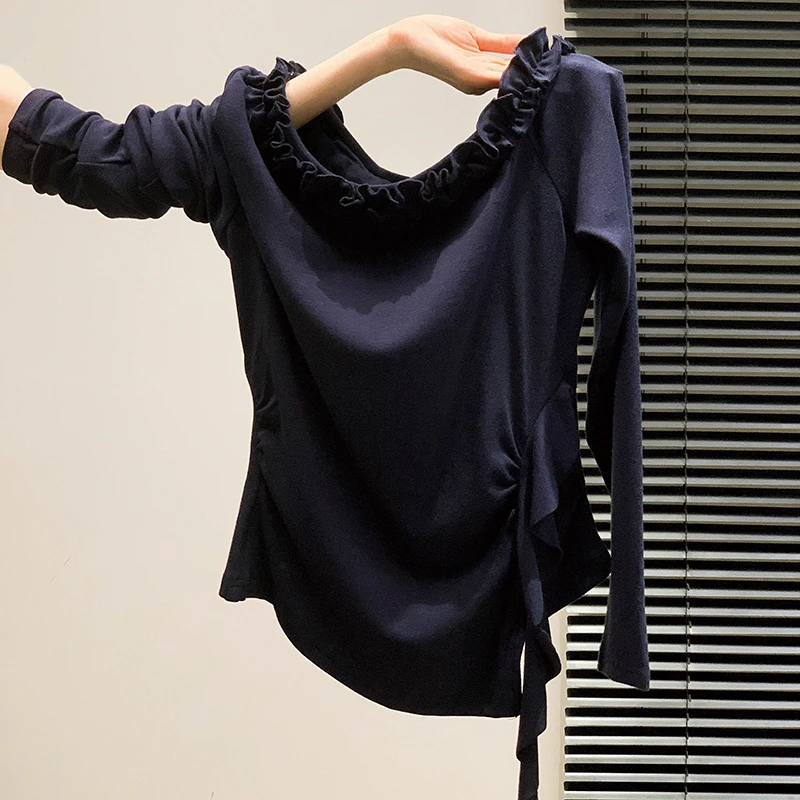 法式纯欲花边斜肩长袖t恤女早秋设计感不规则打底衫别致漂亮上衣