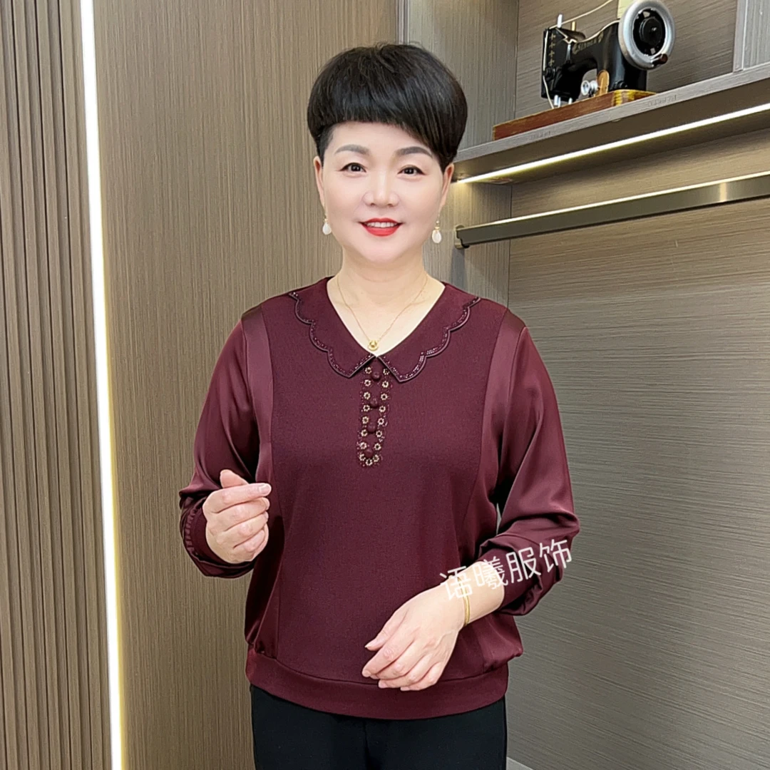 常规极简风翻领薄款中老年女装妈妈装时尚打底衫长袖上衣F9078