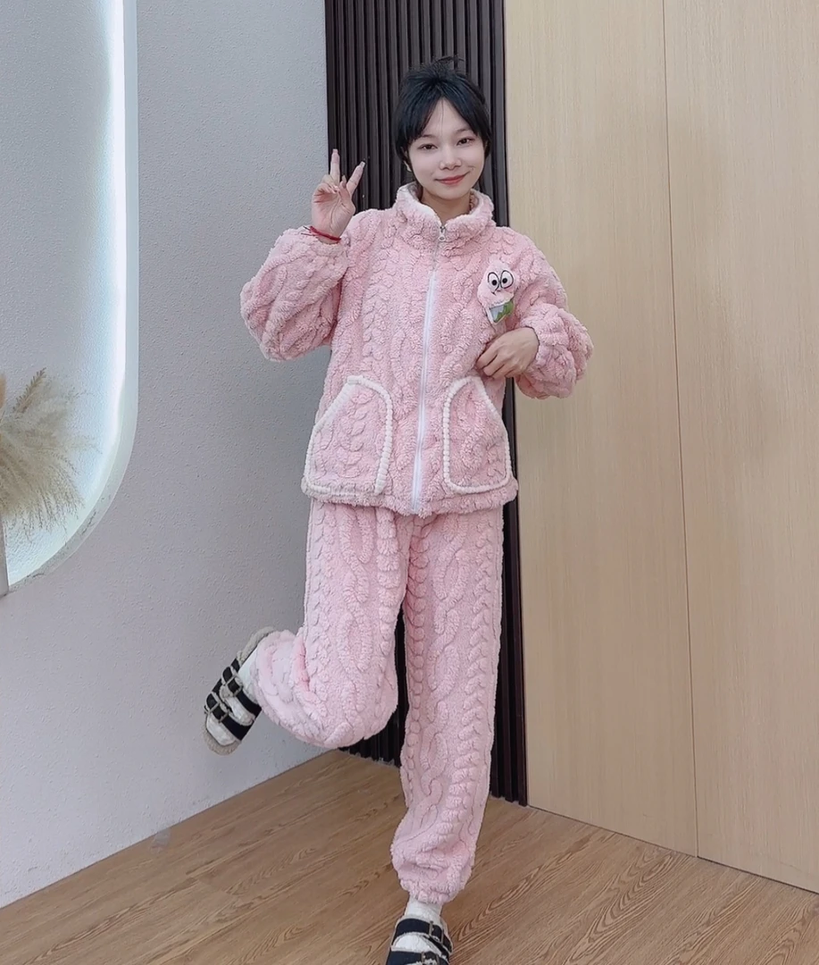 140-158小个子定制冬季甜美加绒加厚珊瑚绒睡衣两件套