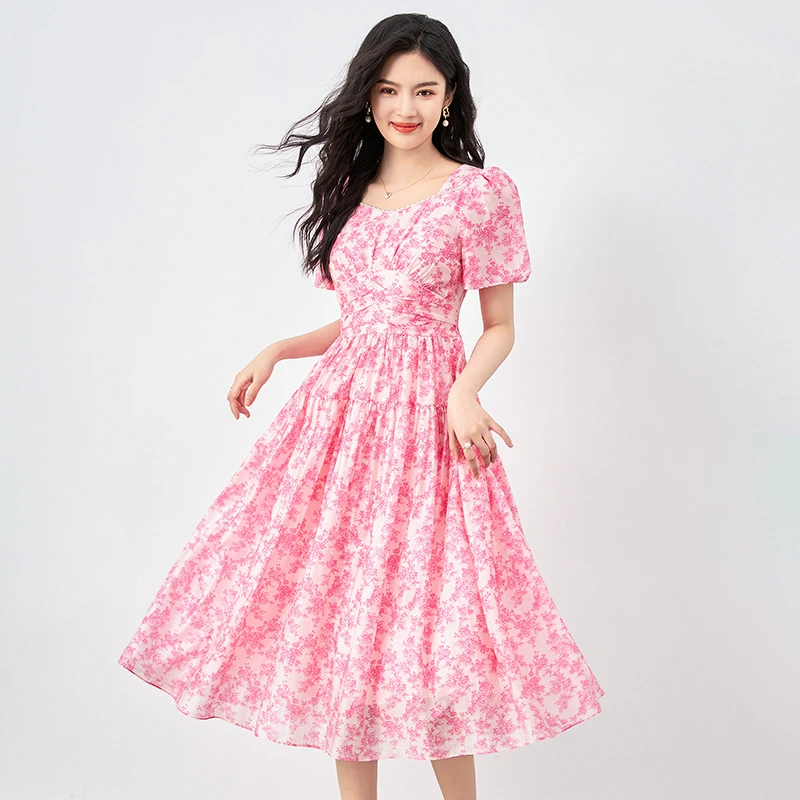 -深圳南油名媛气质温柔法式浪漫印花碎花连衣裙褶皱显瘦女时尚