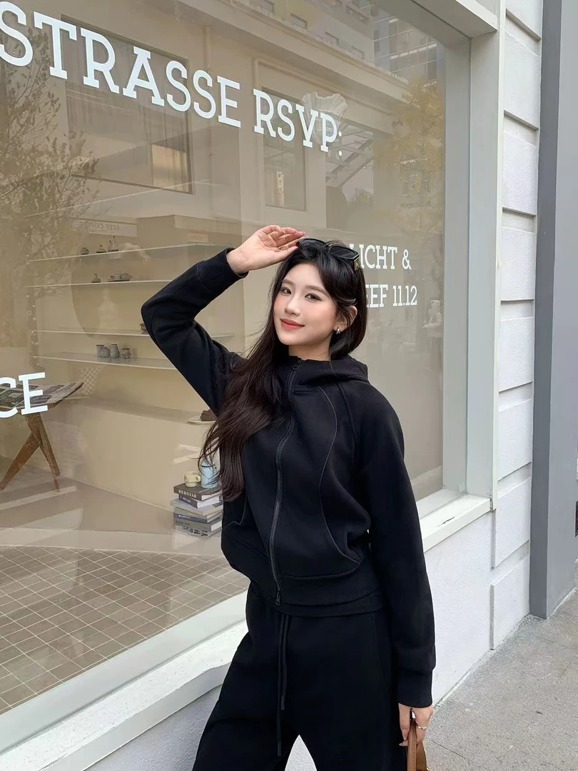 韩版宽松减龄洋气加绒卫衣阔腿裤时尚休闲套装冬款