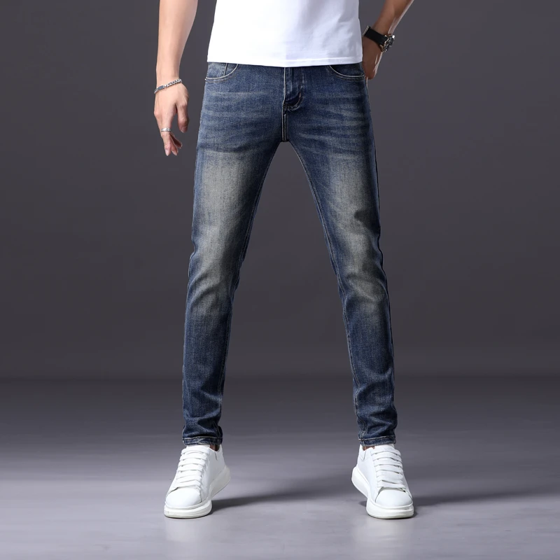 香港高端时尚牛仔裤男夏季新款深蓝色薄款修身小脚弹力百搭裤子男