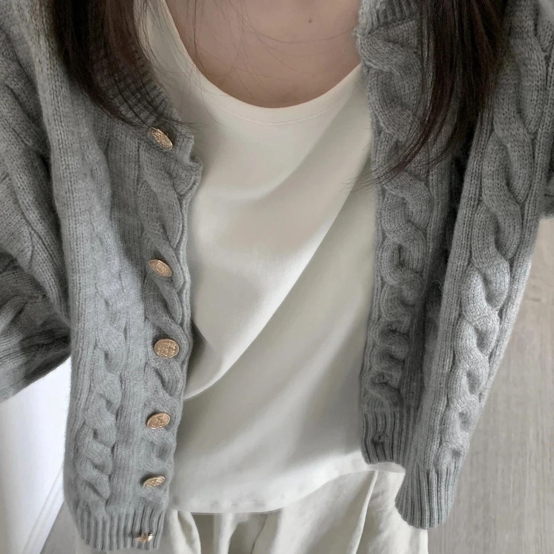 秋冬新款羊毛开衫麻花毛衣外套女圆领韩版宽松慵懒风软糯针织上衣