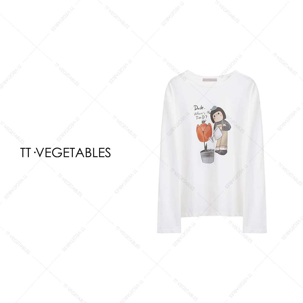 TT・VEGETABLES【序白】松乐 纯棉设计感长袖T恤轻奢印花上衣521075