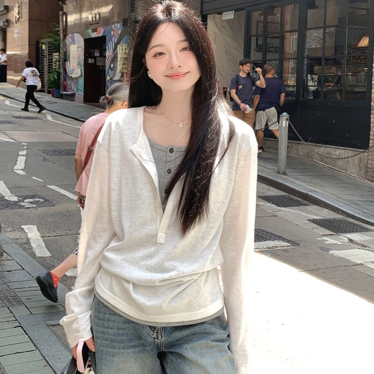 白色假两件长袖T恤女秋2025新款撞色垂感微宽松慵懒休闲翻领上衣