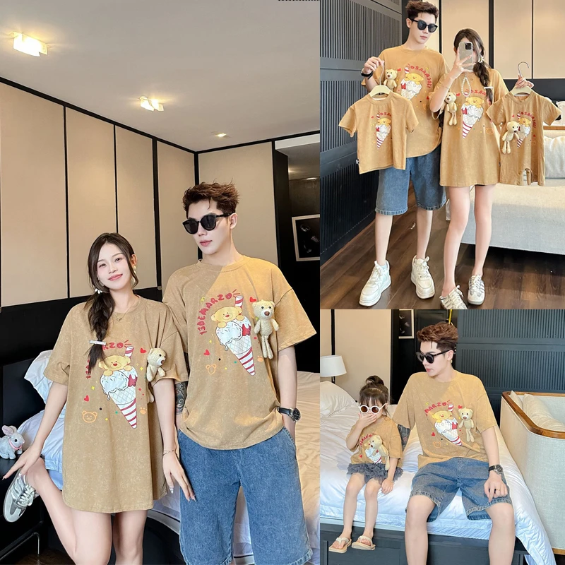 亲子装2025夏装新款一家三口公仔短袖T恤儿童婴童爬服连体衣7822
