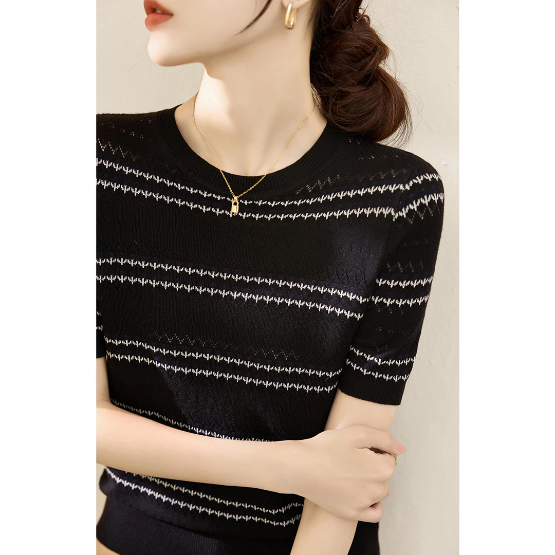 夏季新款圆领条纹提花掏孔设计短袖针织衫T恤女时髦套头小众上衣