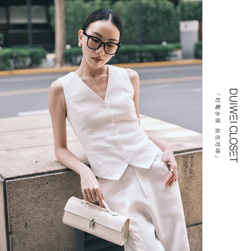 "Gentlewomen" 珍珠白法国雨露亚麻休闲通勤马甲阔腿裤