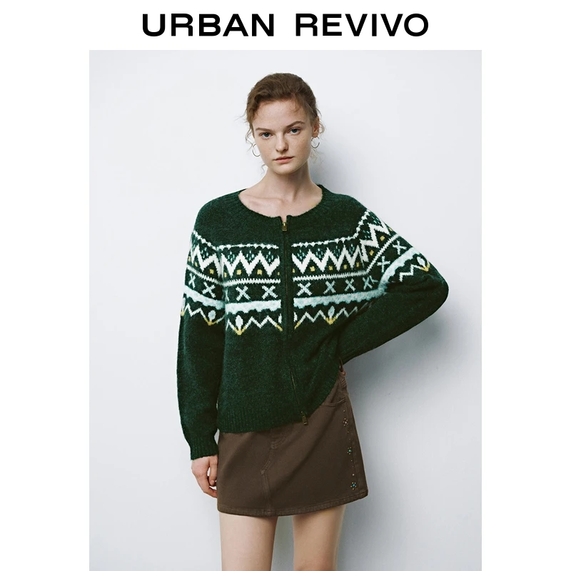 UR2025冬季新款女装复古几何图案双拉链针织开衫UYL950136+