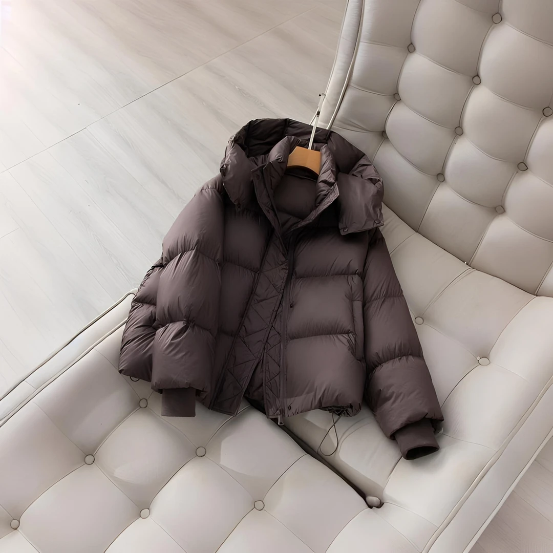 咖色连帽羽绒服女2024冬季新款小个子短款加厚云朵90白鸭绒面包服