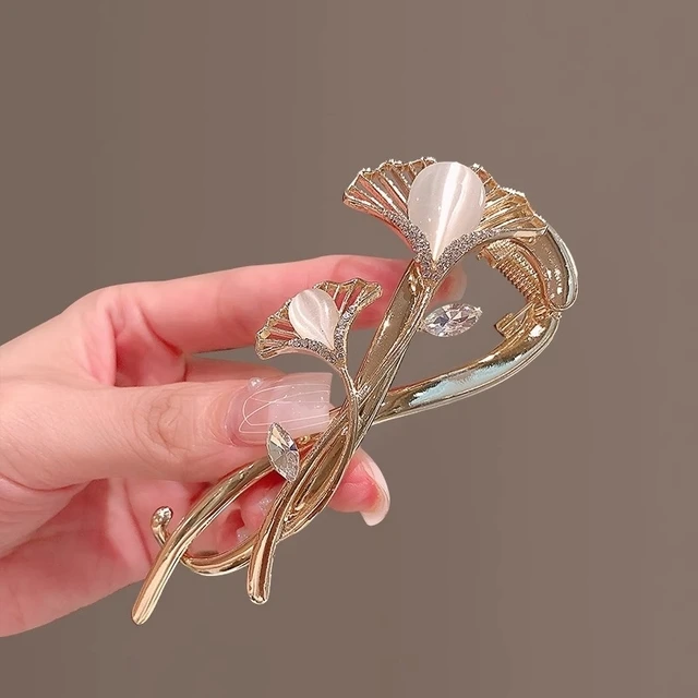 高级感猫眼石扭扭夹后脑勺银杏叶发夹女夏季气质青蛙扣一字夹发卡