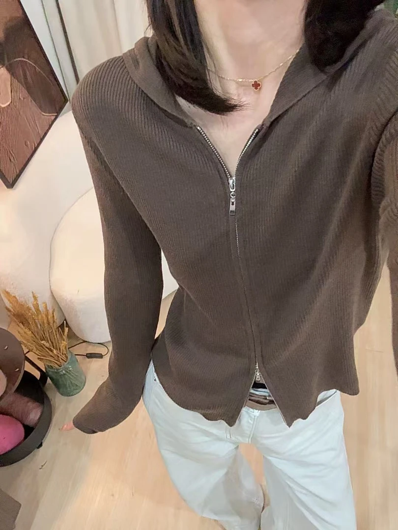 QIANRH-1421秋冬新款设计感双拉链极简风羊毛连帽开衫