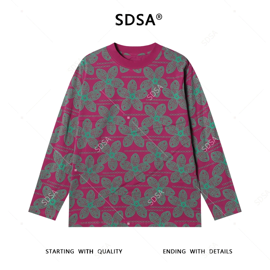SDSA秋季新款男士痞帅设计师撞色满印花卉印花圆领长袖T恤时尚