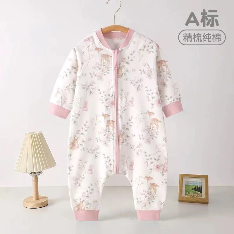 婴儿睡袋春秋纯棉宝宝连体睡衣薄款儿童空调家居服防踢被四季