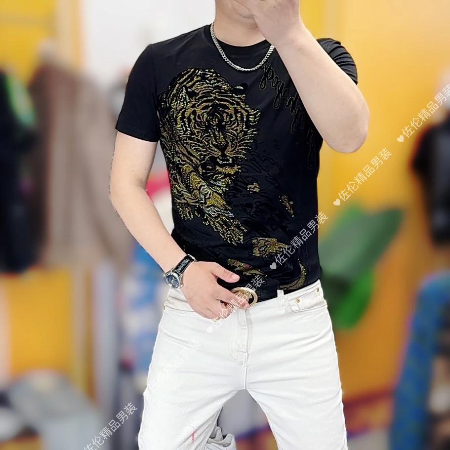 202525032夏季新款时尚男士修身百搭烫钻老虎体恤