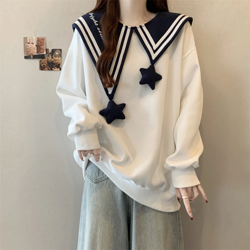 大码女装遮肚子学院风海军领卫衣女秋冬胖妹妹宽松显瘦减龄上衣