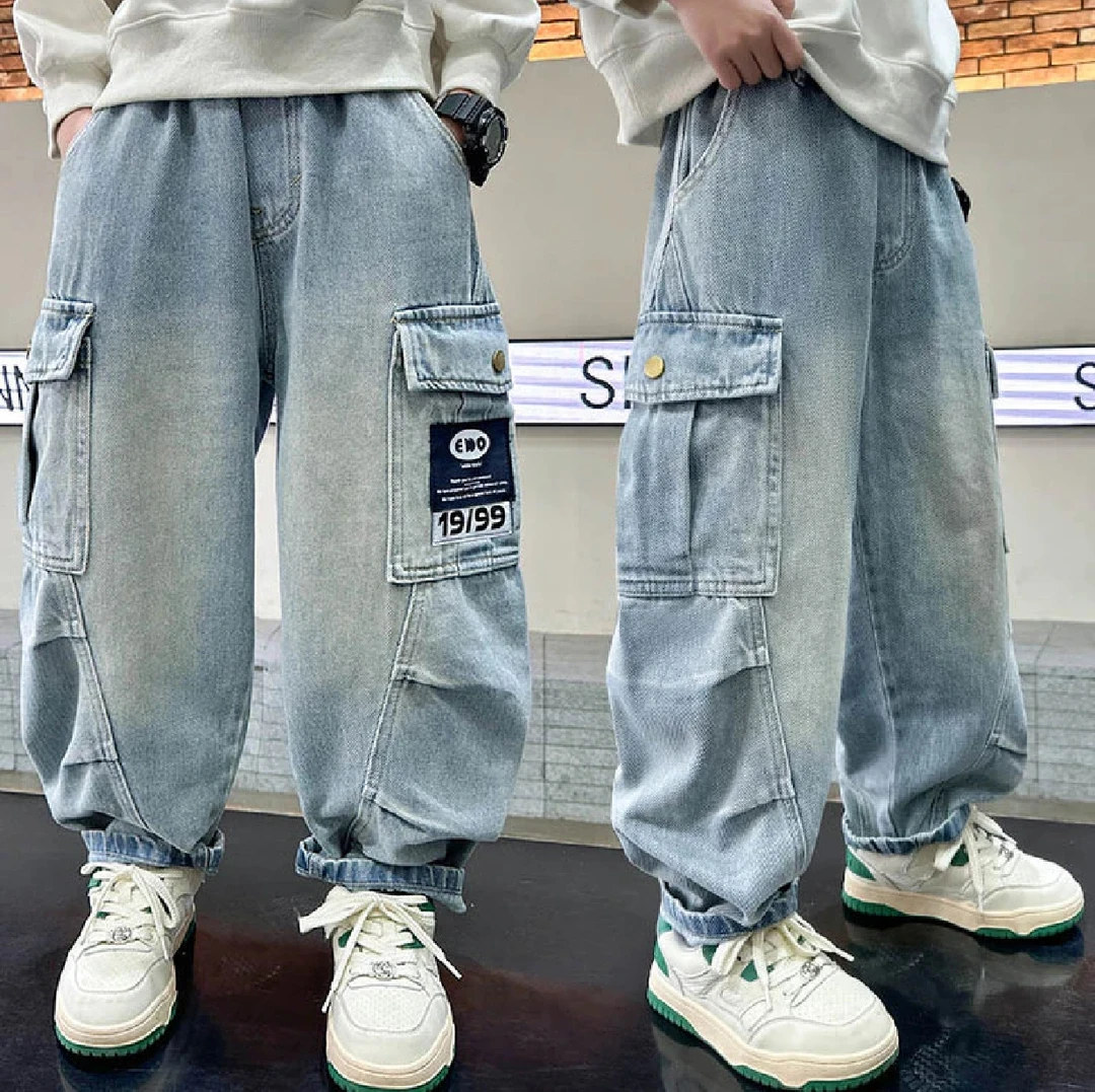 男童牛仔工装裤春秋款2025新款男孩中大童痞帅风时髦弯刀工装裤潮