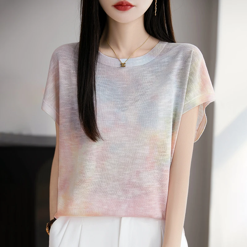 短袖原宿风纯色夏季女士T恤宽松t恤扎染圆领印花显瘦显瘦薄款渐变