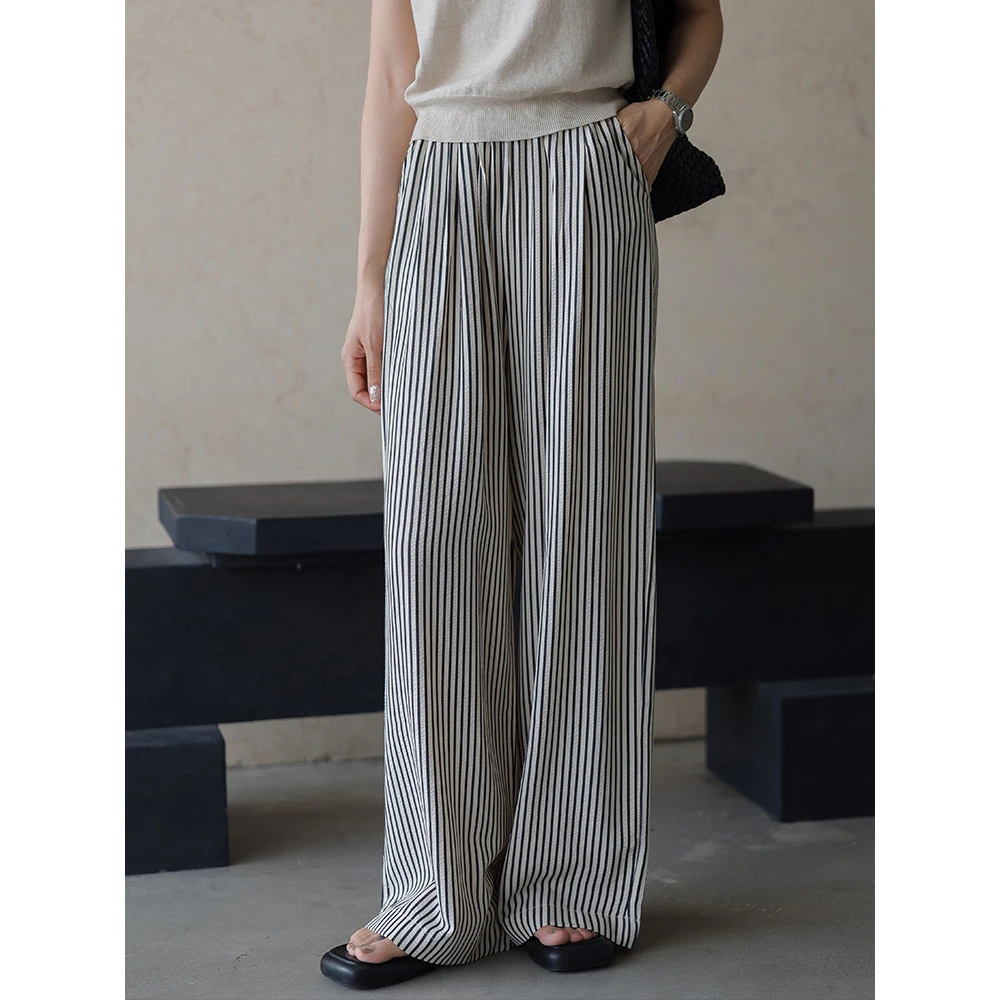 王妃家条纹休闲裤女2025新款夏季薄款小个子高腰显瘦直筒阔腿裤子