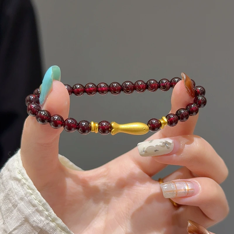 海上罗孚黄金金鱼石榴.石手链女新款足金999碎金盘缠手串送女友