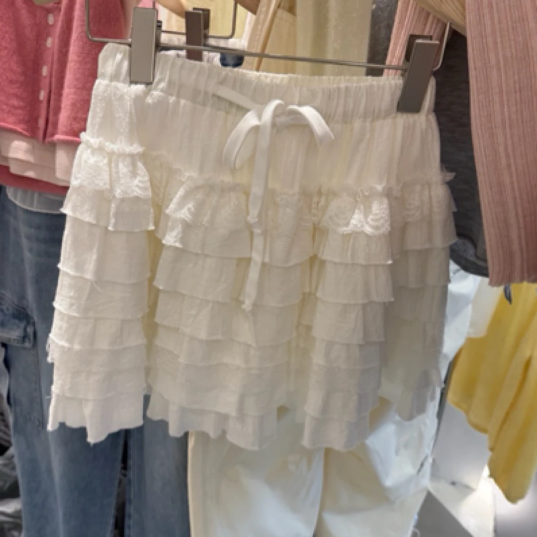 法式甜美蕾丝拼接蛋糕裙高腰荷叶边短裙