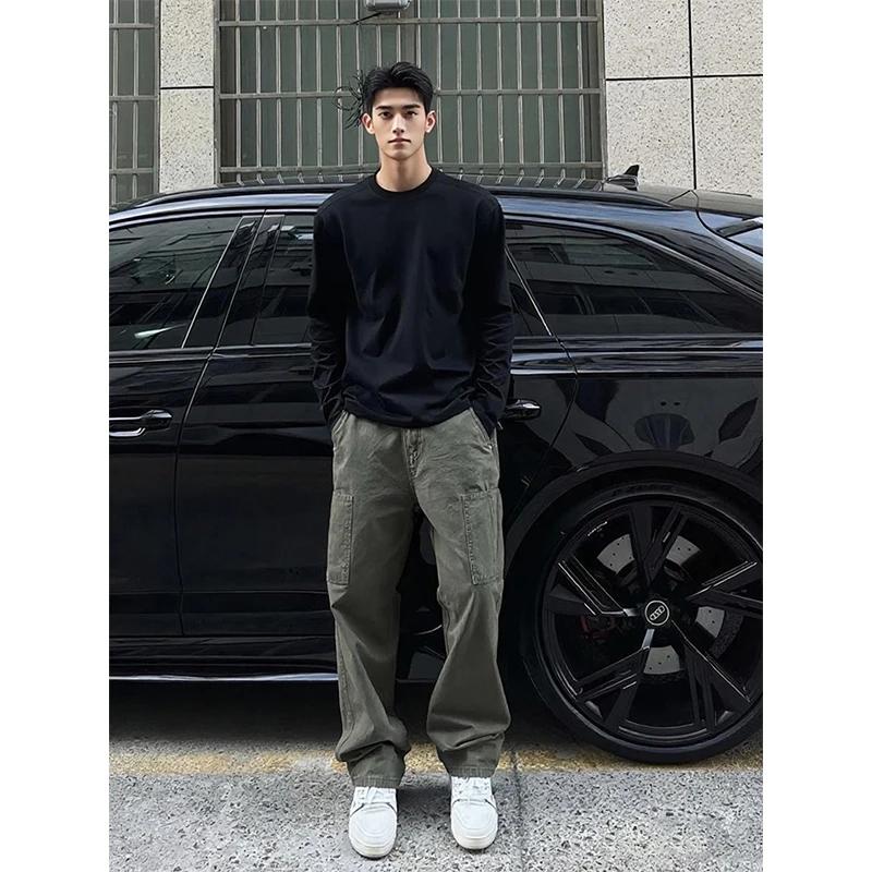 黑色长袖T恤男款早秋穿搭解构拼接内搭打底衫美式小领口休闲卫衣
