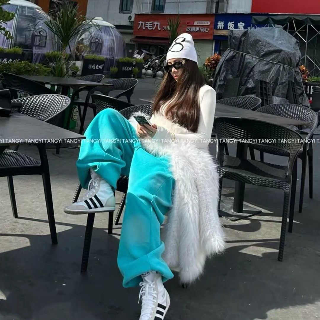 （运补+现货）慵懒风秋冬季加绒阔腿裤宽松高腰摇粒绒加厚百搭长裤