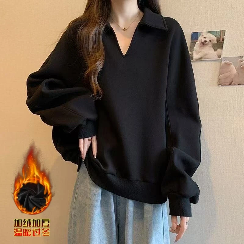 加绒加厚大码女装秋冬新款长袖卫衣胖mm宽松显瘦高级感打底衫上衣