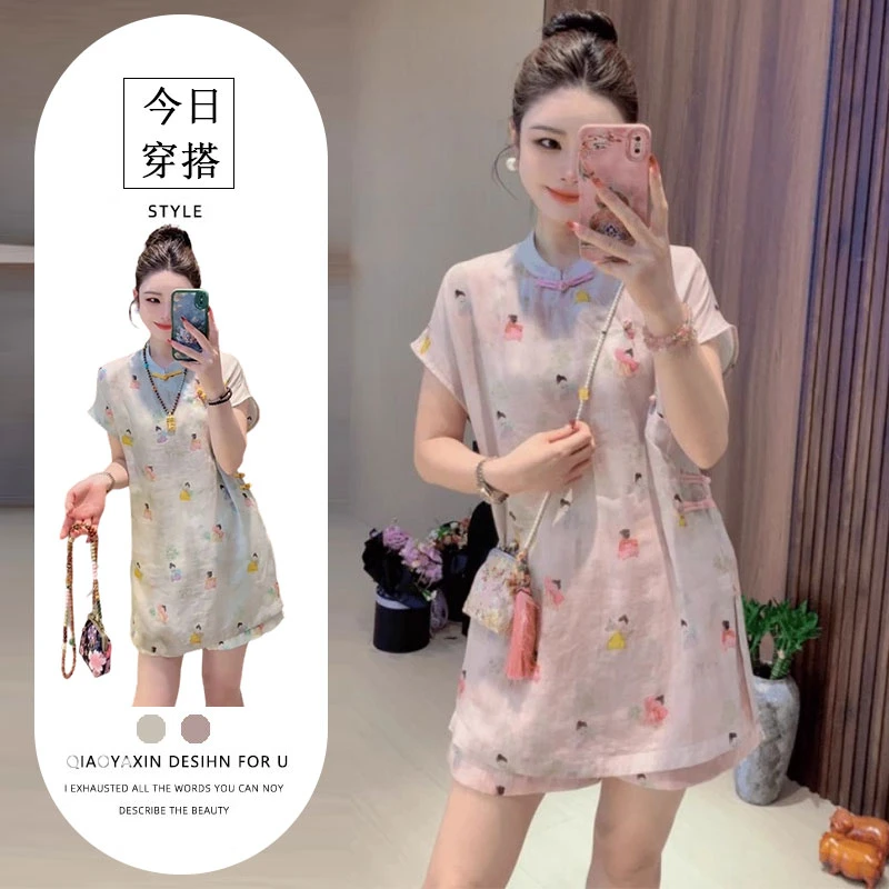 T257323+T257324夏季旗袍连衣裙韩风chic一整套新款国风小众短裤
