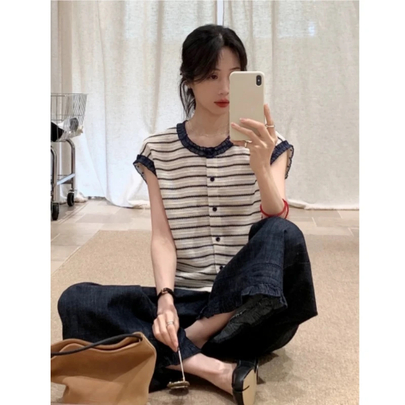 百搭条纹新款小飞袖正肩短袖t恤女夏季小个子修身显瘦短款上衣薄