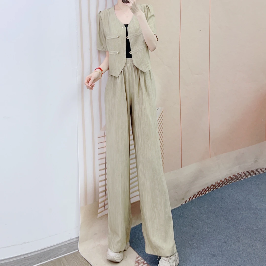 066肌理感短袖百搭上衣+休闲直筒裤两件套套裤4066/GP