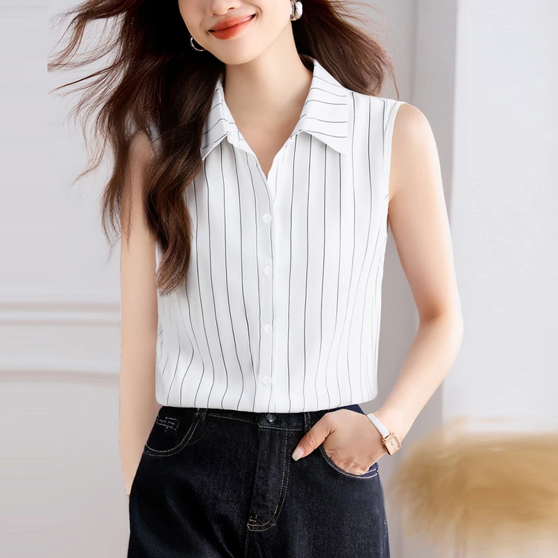 时尚无袖坎肩条纹衬衣女款2025夏季新款洋气百搭打底背心衬衫上衣