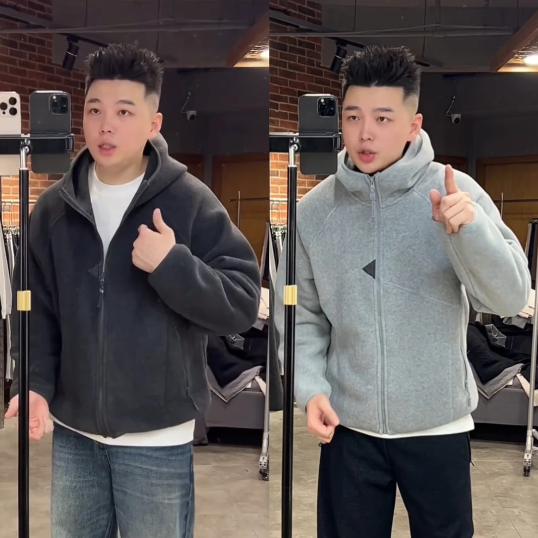 秋冬新款肌理色纱高密度摇粒绒连帽外套男士立体剪裁纯色情侣外套