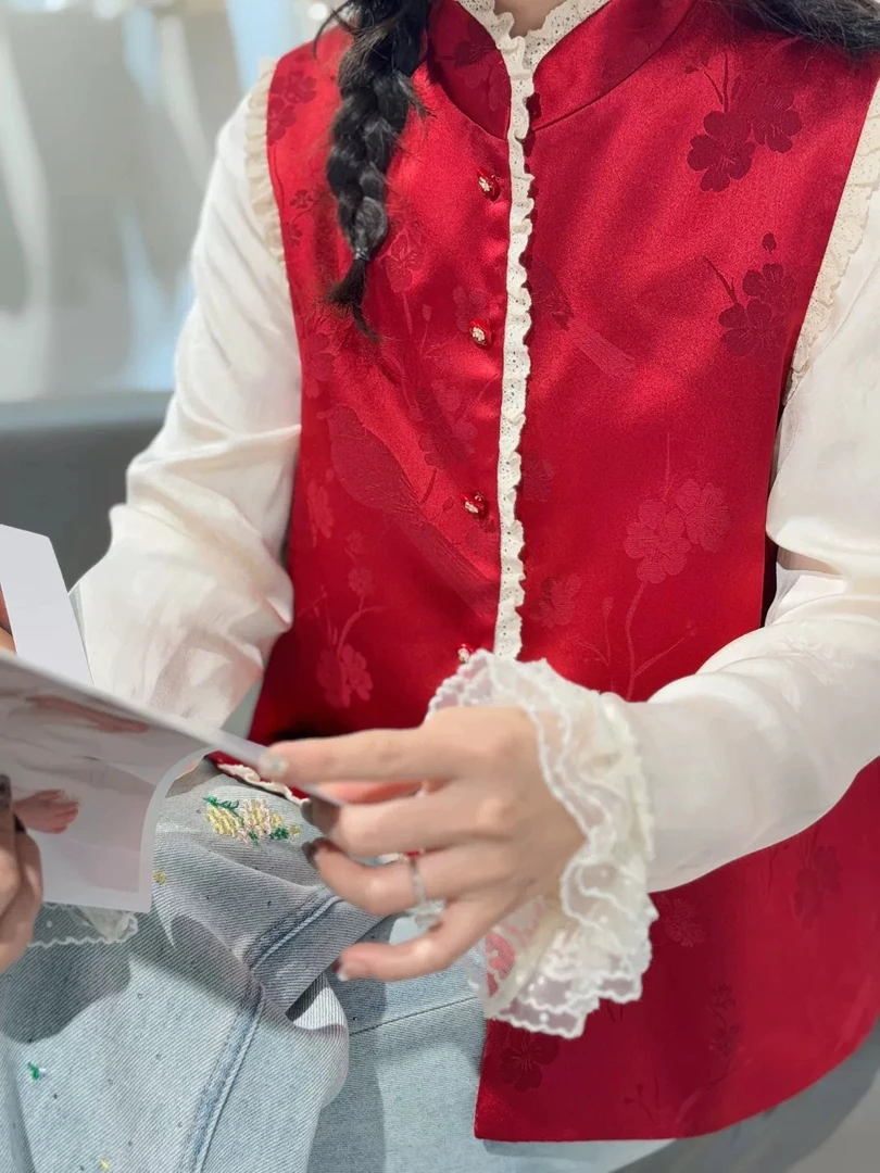 复古法式蕾丝花边醋酸提花马甲背心外套女春时尚百搭马夹坎肩上衣