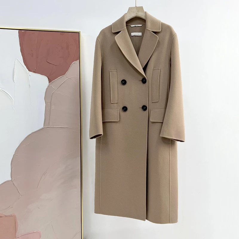 强货！ M家高端S系列  驼色羊毛呢双排扣中长款大衣外套 女