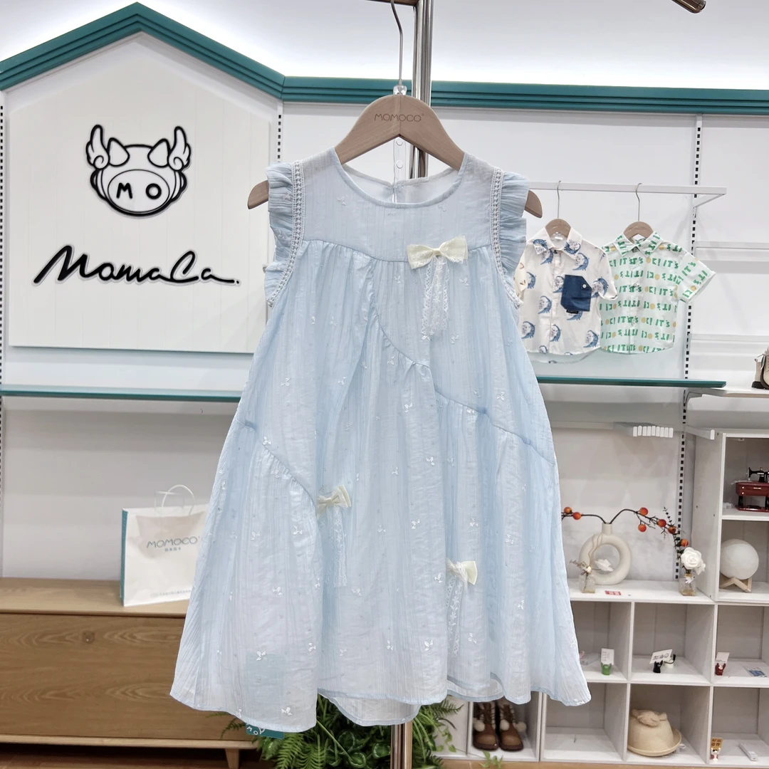 MOMOCO女童夏季女童韩系蓝色时尚甜美蝴蝶结连衣裙77630470166