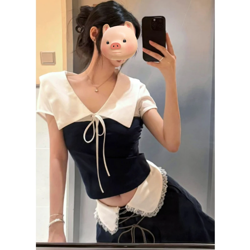 撞色拼接蝴蝶结系带短袖T恤夏季2025新款爆款修身设计感短款上衣