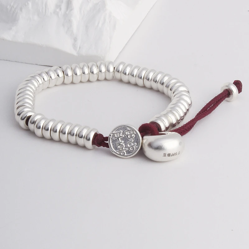 足银手链 足银手链可调节平安喜乐手链实心银手链女经典时尚百搭